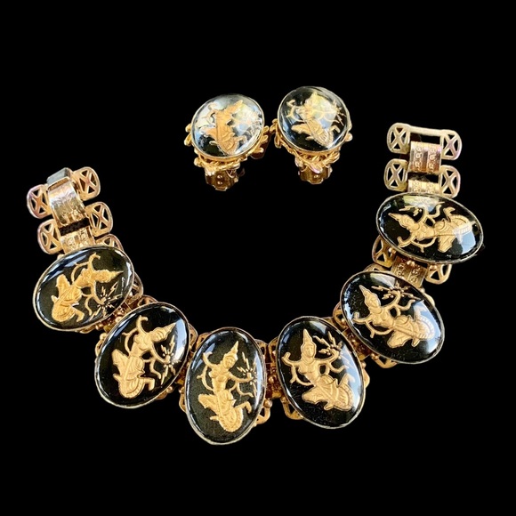 Black & Gold Panel Bracelet and Clip On Earrings Set Vintage Damascene Cabochons - Picture 7 of 11